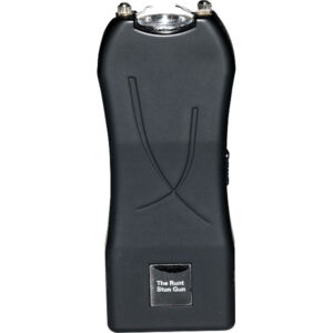 Black Runt Rechargeable Stun Gun With Flashlight And Wrist Strap Disable Pin Front View.