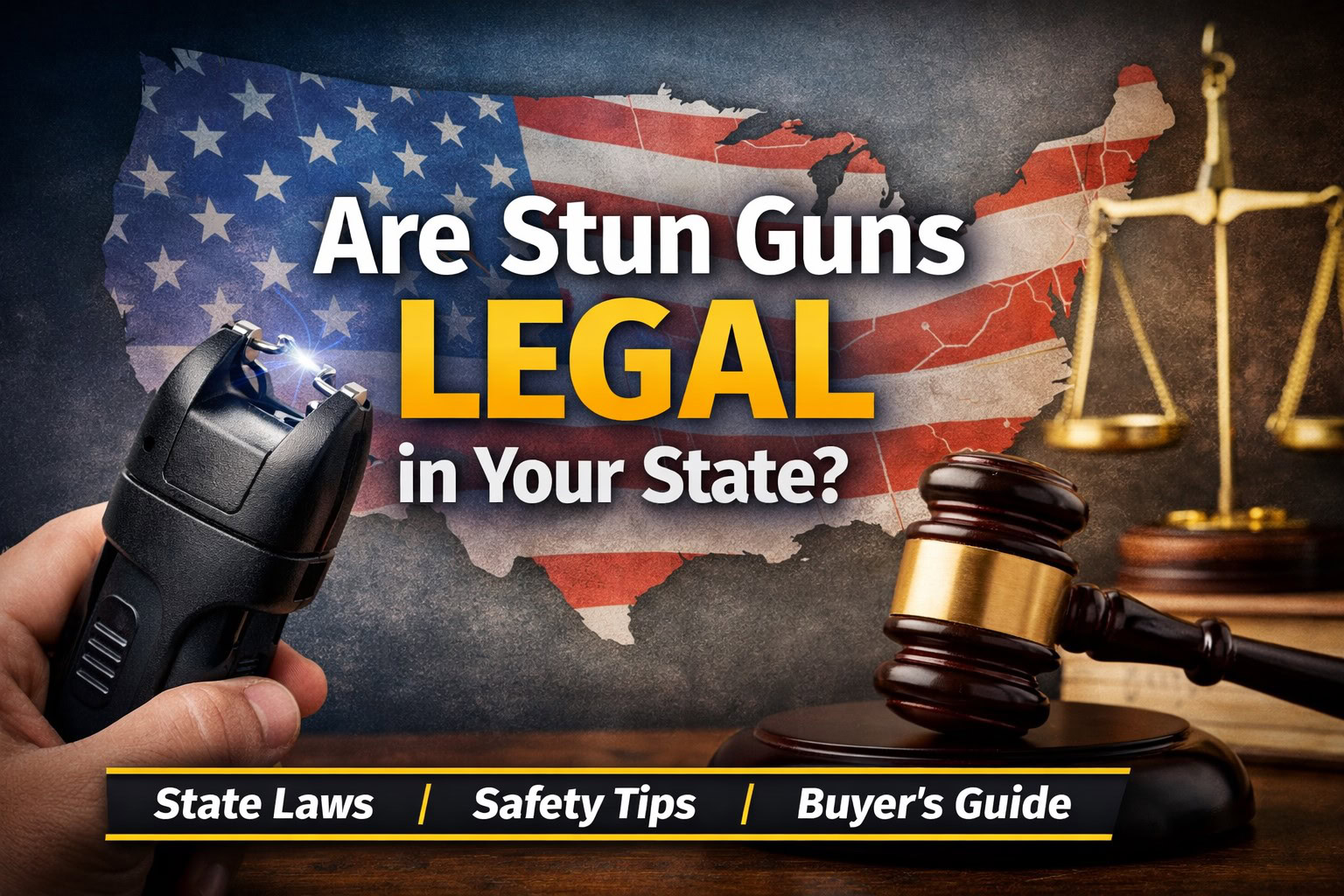 Are stun guns legal in your state image showing a stun gun with US map background and law gavel representing stun gun laws and self defense regulations