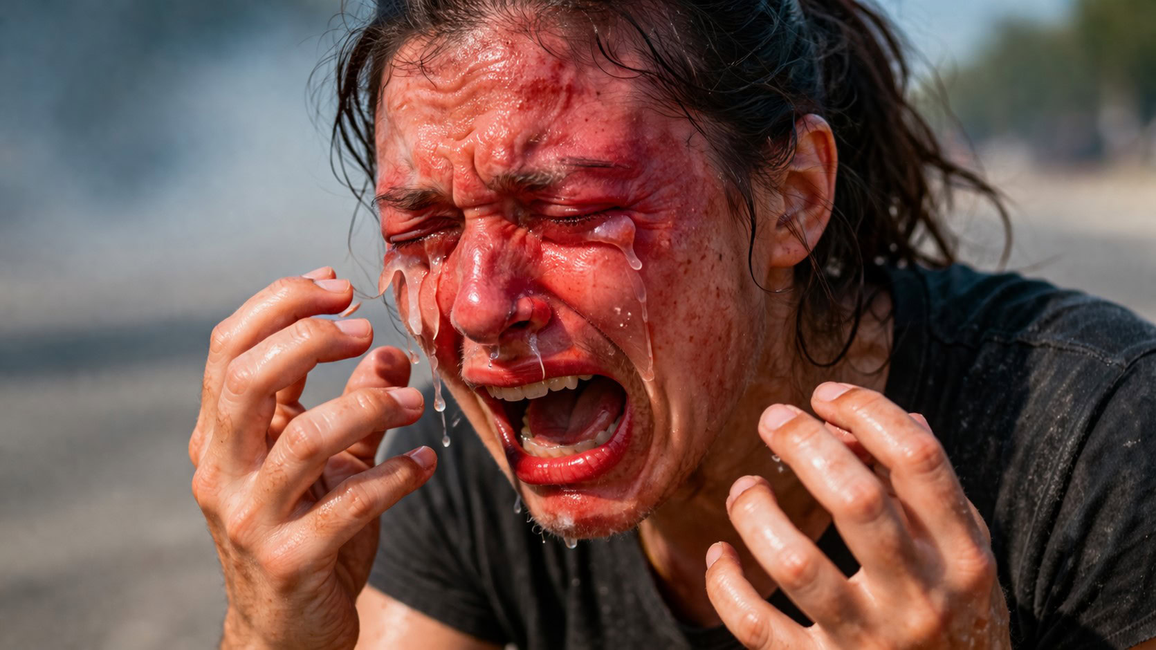 Close-up of a woman in visible pain with a red tear-streaked face after pepper spray exposure outdoors