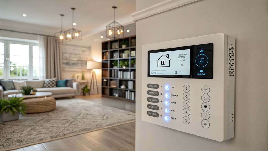 This image depicts a modern and elegantly designed living room with a visible focus on a smart home security keypad affixed to the wall. The keypad features a digital display and multiple buttons for various functions, indicating a sophisticated home automation system. The living area in the background is stylishly furnished with a plush sofa, decorative throw pillows, and a round wicker coffee