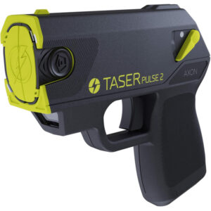 The image shows a Taser Pulse 2 device, designed by Axon for personal defense. It features a compact, pistol-like design with a predominantly matte black finish complemented by bright yellow accents for visibility. The front of the taser has a circular yellow section with a lightning bolt symbol, signifying electrical discharge capability. The branding TASER