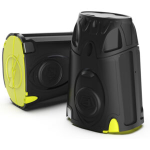 Two Taser Pulse 2 cartridges positioned side by side. The cartridges have a black, durable casing with yellow accents, featuring a compact and rugged design. One cartridge stands upright while the other lies on its side, displaying the connection points and probe deployment area.