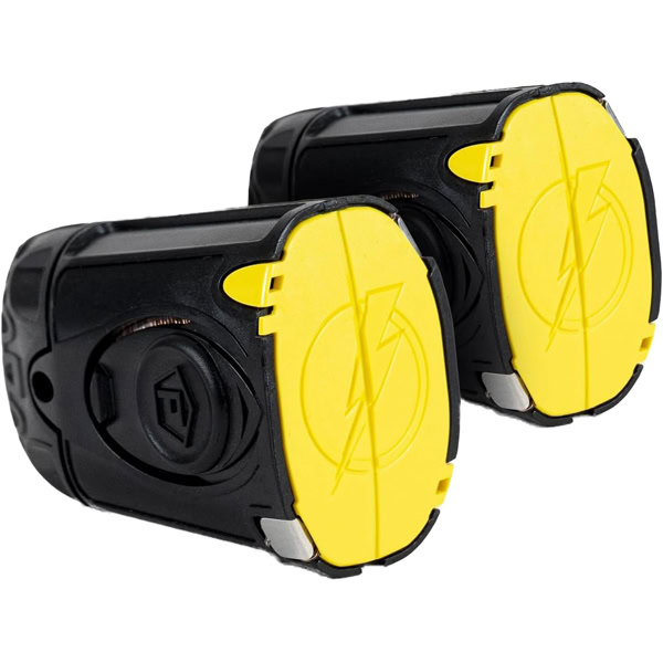 Two Taser Pulse 2 cartridges placed side by side. Each cartridge features a black, rugged casing with a bright yellow front cover displaying a lightning bolt symbol. The design includes metallic silver contact points and deployment mechanisms, indicating their functionality for self-defense use.