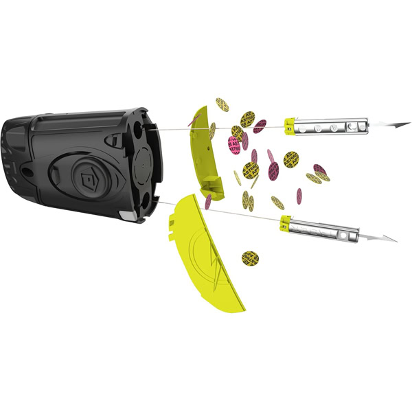 The image is a detailed graphical illustration of a TASER Pulse 2 Cartridge showing components in an exploded view. On the left is a black, cylindrical main casing with a distinct circular design on its side. To the right, separated parts include two yellow shell halves, and internal cylindrical mechanisms. Numerous small, colorful confetti tags, mainly in yellow and pink with