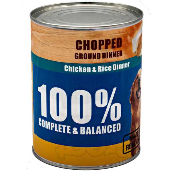 The image shows a can of pet food, featuring a vibrant label design. The can is cylindrical, made of metal, and has a sealed top. The label is dominated by a large blue section with bold white text stating 100% Complete & Balanced. Above this, there's a brown strip with Chopped Ground Dinner in bold black letters and