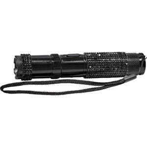 This image features a compact, black flashlight enhanced with a distinctive, textured grip adorned with sparkling rhinestones, giving it a luxurious and stylish appearance. The flashlight is cylindrical, with a sleek design, and includes a black wrist strap attached to the base for easy carrying and use. The device appears sturdy, likely constructed from metal, with a focus on both