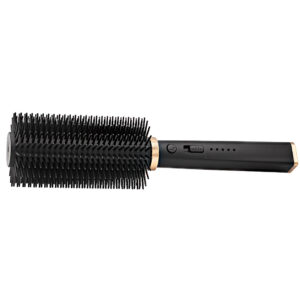 This image features a black hot air styling brush with a sleek, cylindrical design. The handle is ergonomic with a matte finish and a gold accent near the brush head. The brush head is round and densely packed with black bristles designed to style and volumize hair. The handle includes a power button, a heat setting slider, and several indicator lights for