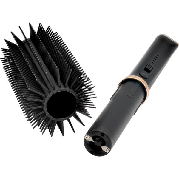 The image shows a vacuum cleaner brush roller assembly consisting of two main parts. On the left is the cylindrical brush roll with dense black bristles designed to agitate and lift dirt from surfaces. On the right is the modular component which likely houses the motor mechanism. It features a circular connection point for attachment to the main vacuum unit and has a visible switch