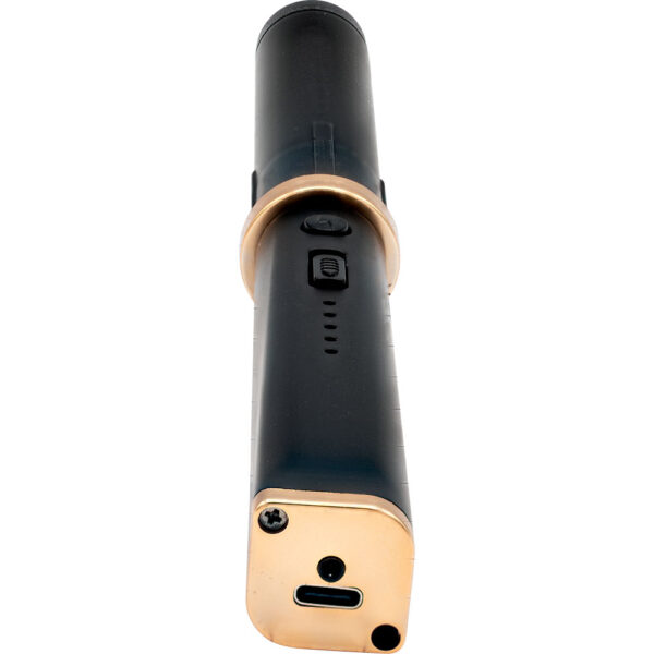 This image depicts a black electronic device with a cylindrical design, featuring a gold accent near the top section. The device appears to have a power button with an icon above it, and a row of small indicator lights on one side. The bottom end has a USB-C charging port and a small screw, all encased in a gold-colored metallic plate.