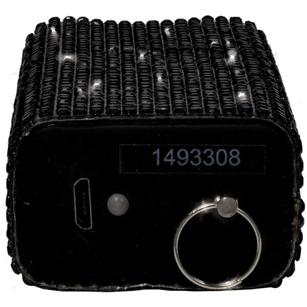 The image shows a black, textured rectangular device resembling a small box covered with a grid pattern on its top and sides. The front face of the device features a USB port, a small LED indicator, and a metal keyring attached at the bottom right corner. There is a label above the USB port displaying the number 1493308 in blue