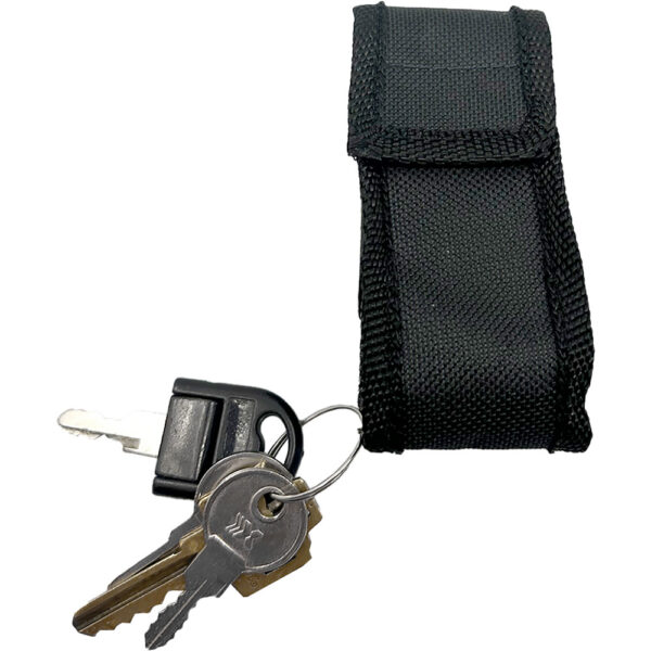 This image features a black nylon key holder with a loop design, fastened with a hook and loop closure. Attached to the holder is a metal keyring holding several keys, including a silver and a brass key, as well as a key with a black plastic cover. The key holder's durable material suggests it is suitable for heavy-duty use, making