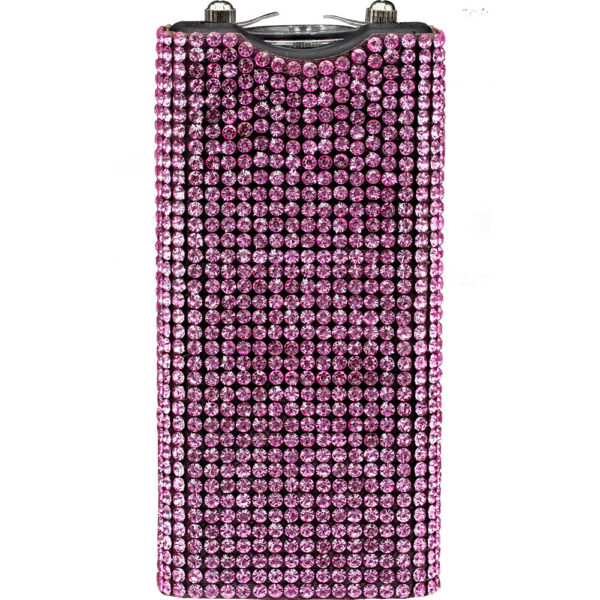 This image features a rectangular rhinestone-studded flask, covered entirely with sparkling pink crystals. The flask has a sleek design with its top edge slightly curved, which includes a silver metal cap. The rhinestones are tightly packed in rows, creating a glittery, luxurious appearance. The shiny pink stones catch the light, adding a glamorous touch. This