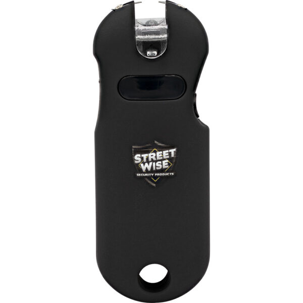 This image shows a black self-defense stun gun designed by Street Wise Security Products. The device features a sleek, compact design with a curved ergonomic shape, making it easy to grip. At the top, it has two electrical prongs indicative of a stun mechanism. Below the prongs, a semi-transparent cover protects the activation button. The Street Wise