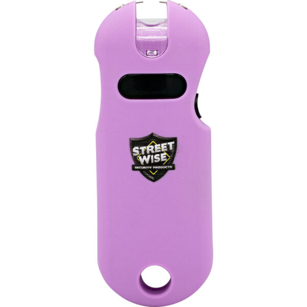 The image features a purple stun gun designed for self-defense, featuring the branding of Streetwise Security Products. The stun gun has a sleek and compact design with a hole at the bottom for easy attachment to keychains or lanyards. There is a small, black activation switch in the middle and metal prongs at the top for delivering the electric