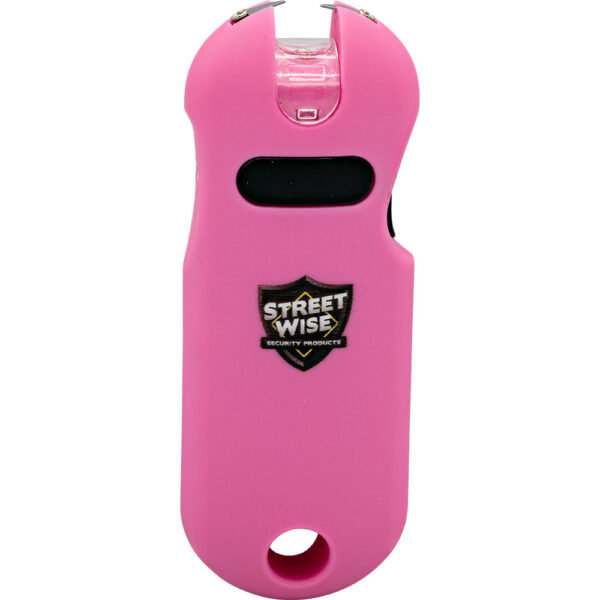 The image shows a pink personal safety stun gun with the logo Street Wise Security Products prominently displayed on the front. The device has a sleek, ergonomic design featuring a curved top and a hole at the bottom for attaching it to a keychain. The stun gun includes metal prongs at the top for discharging electricity, and a black rectangular activation