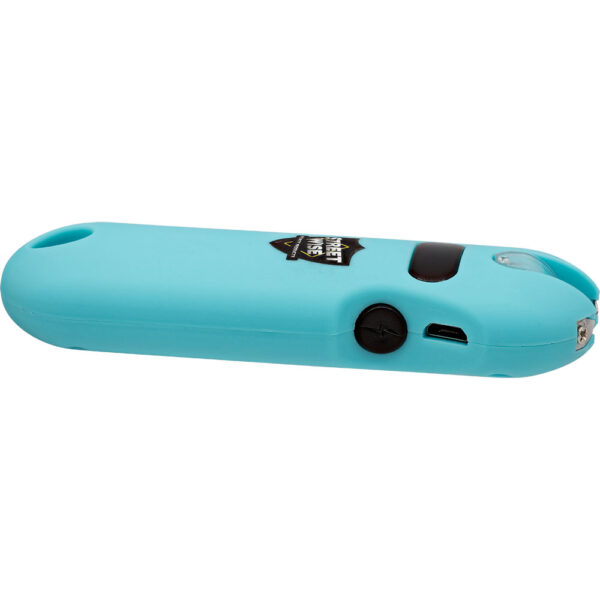 A turquoise self-defense stun gun with a streamlined design, featuring a black button and a charging port on its side. The device includes a branding label, Street Wise, near the top. The stun gun's shape is compact, with rounded edges for easy handling. At the front, it has metal prongs for discharging. The design appears portable