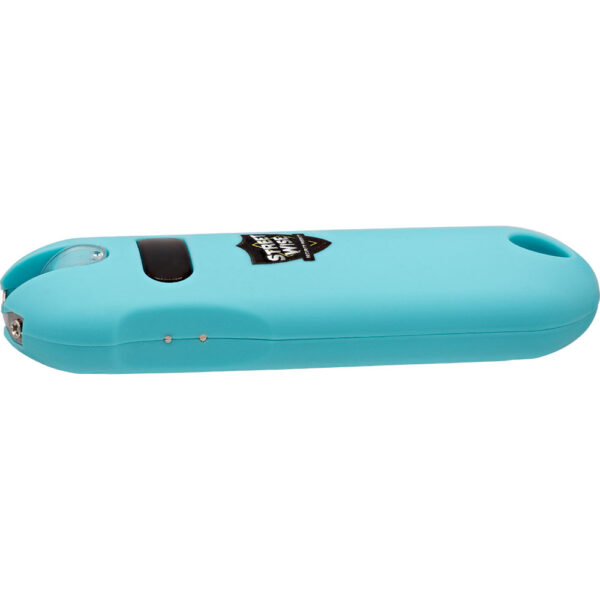 The image features a compact, turquoise stun gun designed for personal safety. The device has a rectangular shape with rounded edges and includes a visible metal prong at one end for electrical discharge. There's a small black button or switch on the surface for activation, and a protective label displaying the product name. The stun gun also appears to have a small light feature