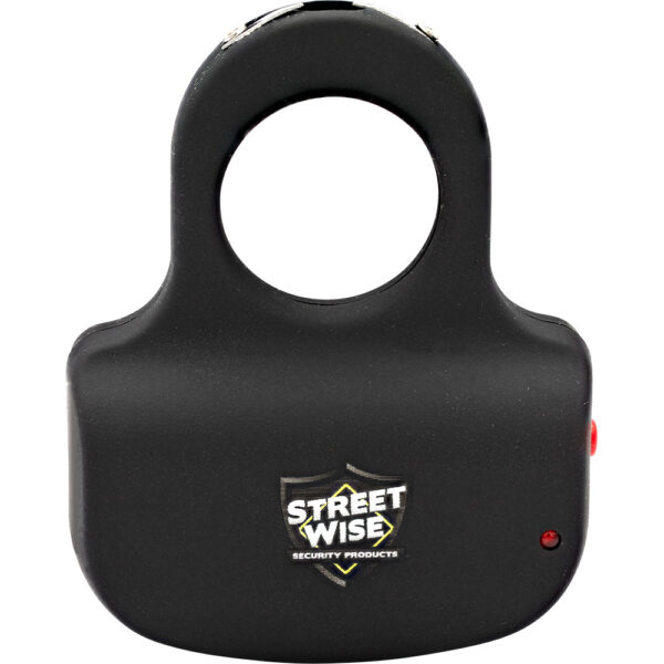 The image shows a black electronic stun gun, designed as a self-defense device, from Streetwise Security Products. The device features a compact, rounded body with a U-shaped top. The brand logo, Streetwise Security Products, is prominently displayed in the center of the device within a shield emblem. A small red button is located on the side,