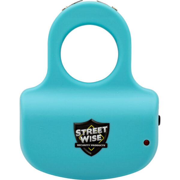 This image features a turquoise personal safety device designed for self-defense. The compact handheld item has a circular handle at the top for easy grip. On the front, there is a logo featuring a shield shape with the words Street Wise Security Products in bold, white, and black letters. The device also includes a small red indicator light on the lower