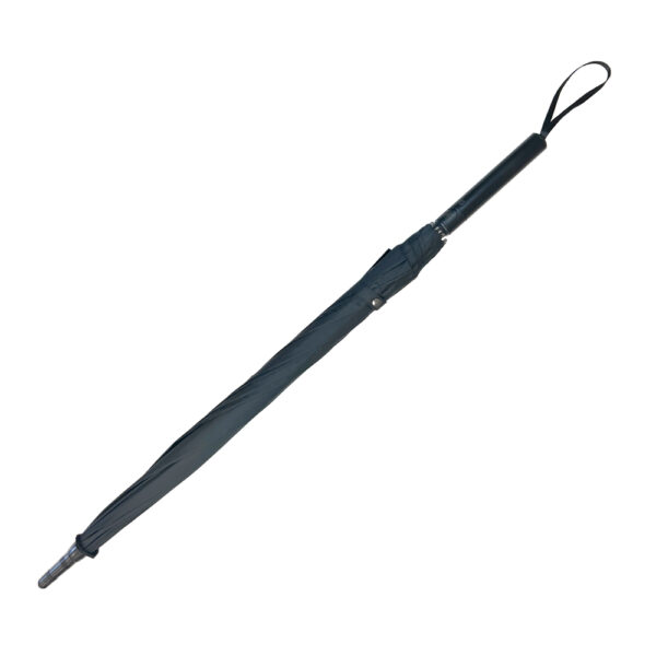 The image depicts a closed status umbrella with a sleek black design, featuring a straight handle with a wrist strap for easy carrying. The canopy is compactly wrapped, secured with a buttoned strap. The tip of the umbrella is metallic, enhancing durability. The minimalist design is suitable for professional and casual settings, offering both practicality and style. The neutral background