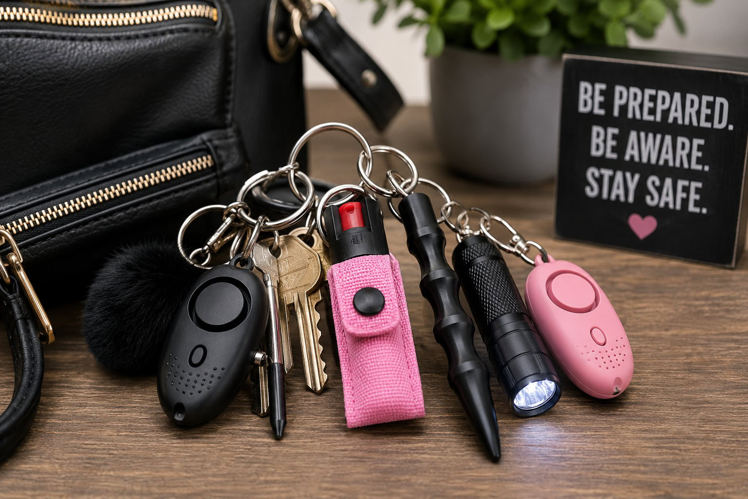 Image of pepper spray, a kubotan, flashlight, and personal alarm on a wooden table beside a purse, with a sign that says “Be Prepared, Be Aware, Stay Safe