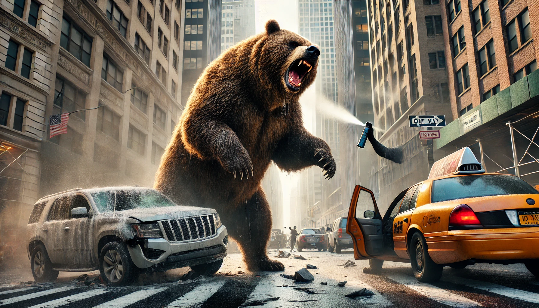 In a bustling urban setting, a massive brown bear is depicted roaring aggressively in the middle of a city street, surrounded by tall buildings. The scene shows chaos with a damaged gray SUV on the left and a yellow taxi cab on the right, both vehicles appearing to have collided or been involved in the disturbance, with debris scattered across the road. The background