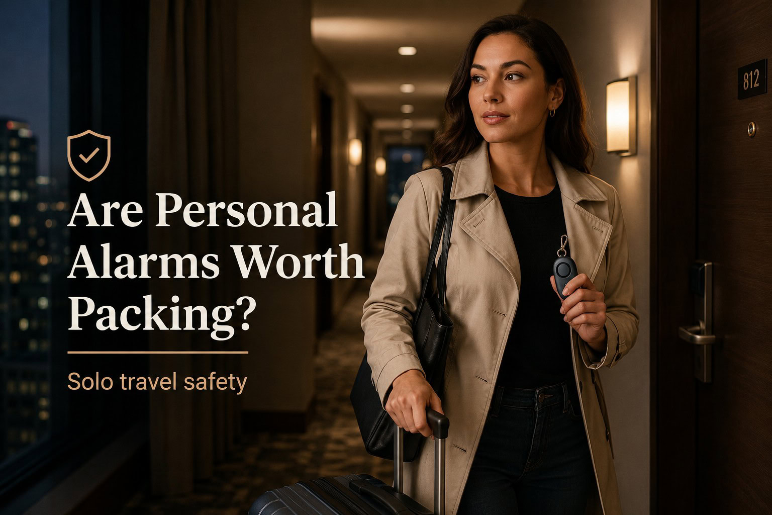 Woman traveling alone in a hotel hallway holding a personal alarm for solo travel safety
