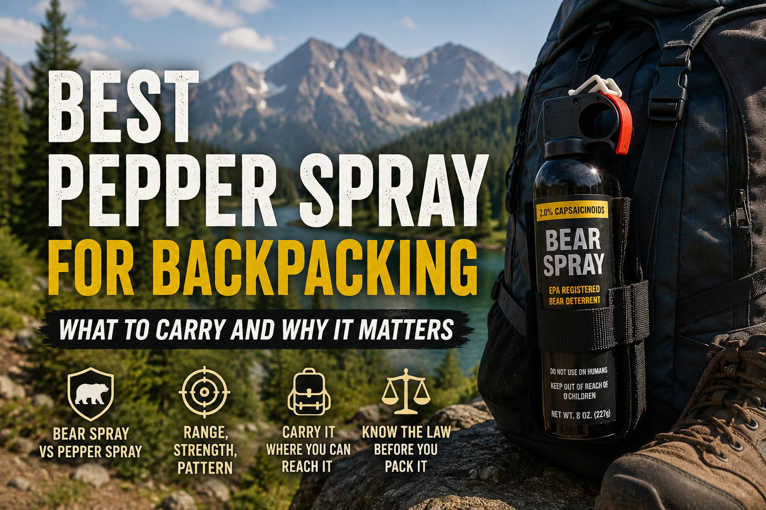 Hiking backpack with bear spray in the mountains for backpacking safety