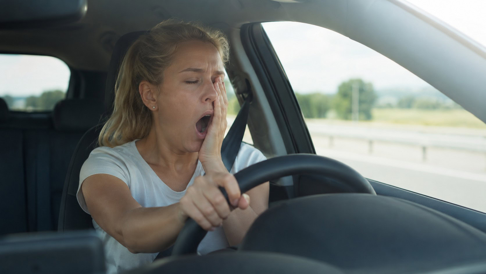 Young woman with a ponytail yawning and rubbing her eyes while driving, showing signs of drowsy driving that can lead to microsleep