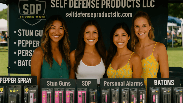 SDP self defense products booth women | Self Defense Products LLC The image shows a booth for Self Defense Products LLC at an outdoor event. Four smiling women are standing behind a display table showcasing various self-defense products. The banner above them features the company name and website, selfdefenseproductsllc.com. The products on display include items like stun guns, pepper spray, personal alarms, and batons