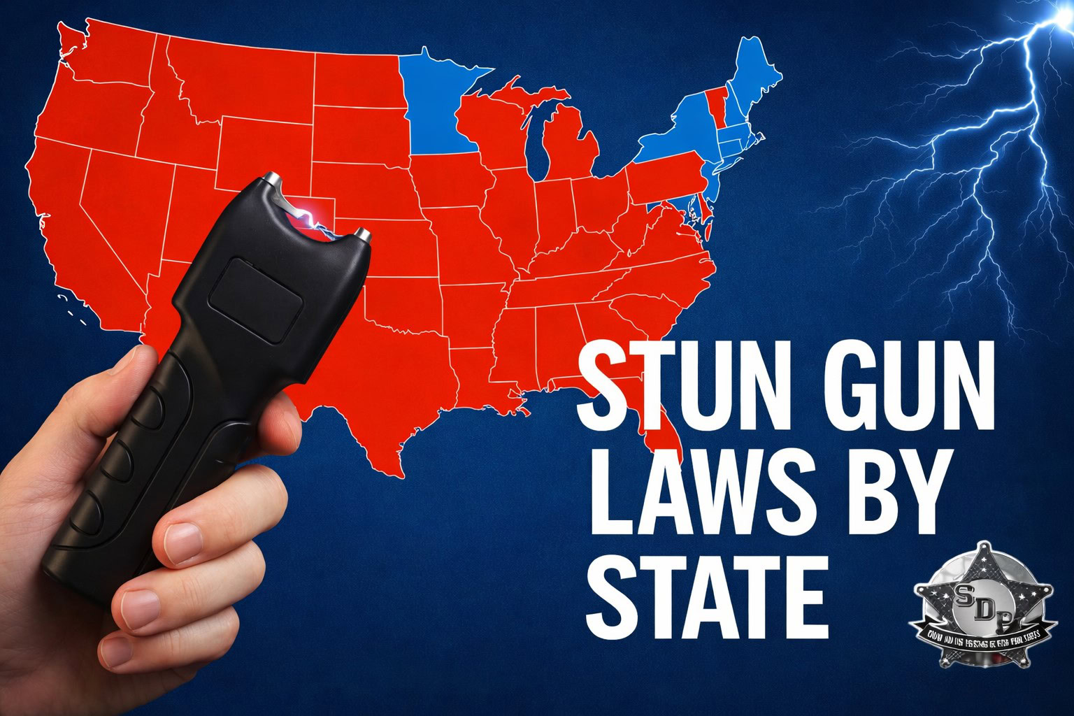 Map of the United States with a stun gun in hand and the text Stun Gun Laws By State Quick Reference Chart on a blue background with lightning.