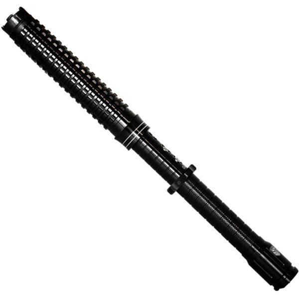 Side profile of Twist of Fate stun baton flashlight showing full aluminum body design