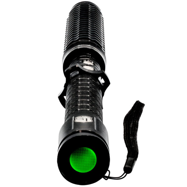 Twist of Fate stun baton flashlight front view with green power button and wrist strap