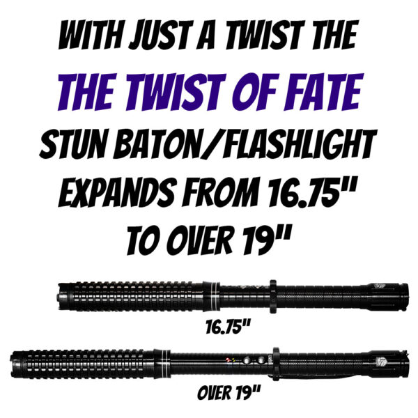 Twist of Fate stun baton flashlight expandable from 16.75 inches to 19 inches with rechargeable LED light