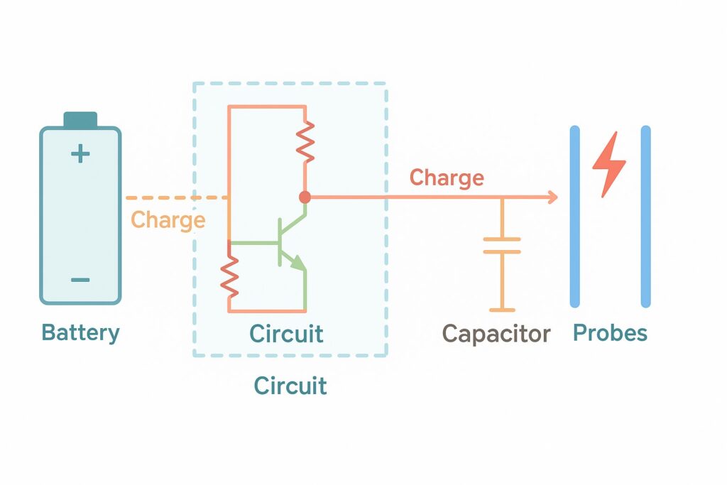 Simple stun gun schematic showing battery, circuit, capacitor, and probes