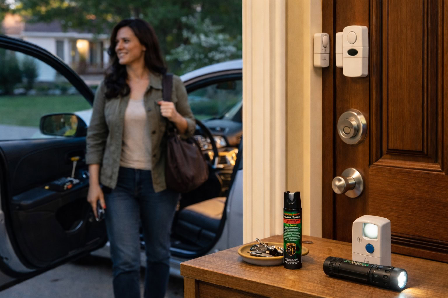woman arriving home with everyday safety items by the front door and in the car