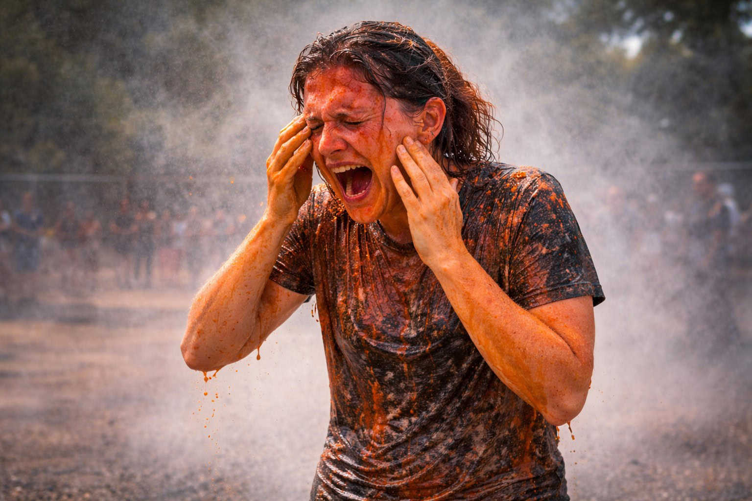 Woman covered in pepper spray on her face hair and clothes showing full body exposure and severe pain outdoors
