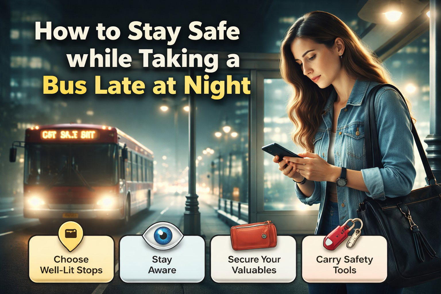 Woman at bus stop at night for bus safety blog featured image