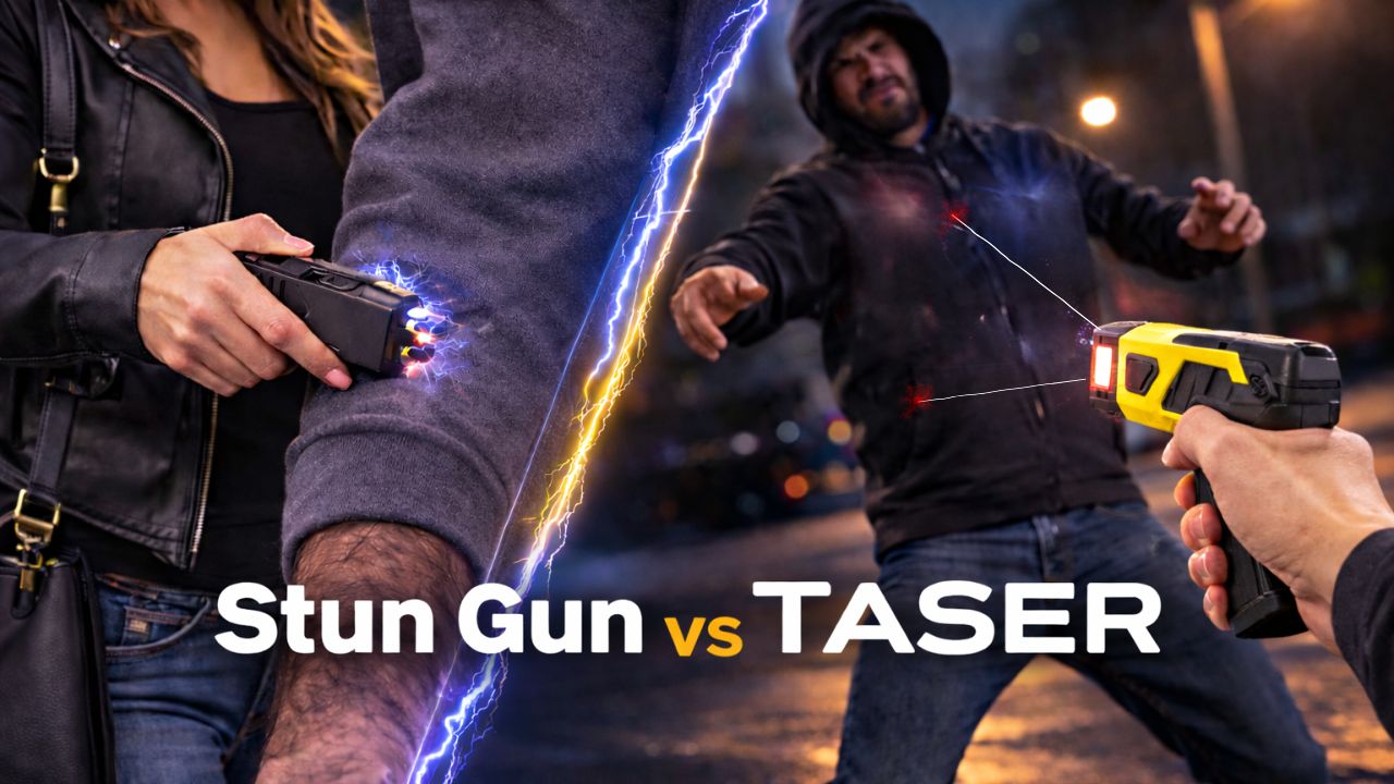 Comparison image showing a stun gun used in close contact on one side and a TASER deploying two probes at different heights on the other side for self-defense training and education