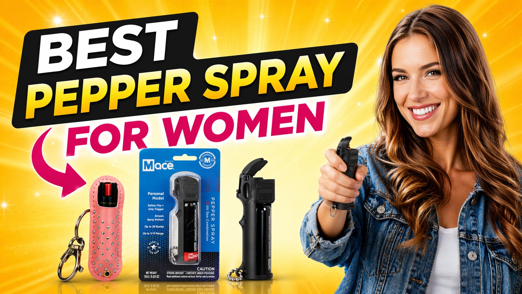 Best Pepper Spray for Women thumbnail with woman holding black Mace pepper spray and pink, black, and packaged self-defense sprays on bright yellow background