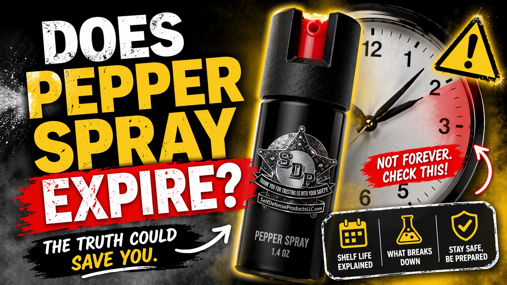 Does pepper spray expire, Self Defense Products LLC pepper spray canister next to a ticking clock with a warning triangle showing the truth about pepper spray shelf life and expiration
