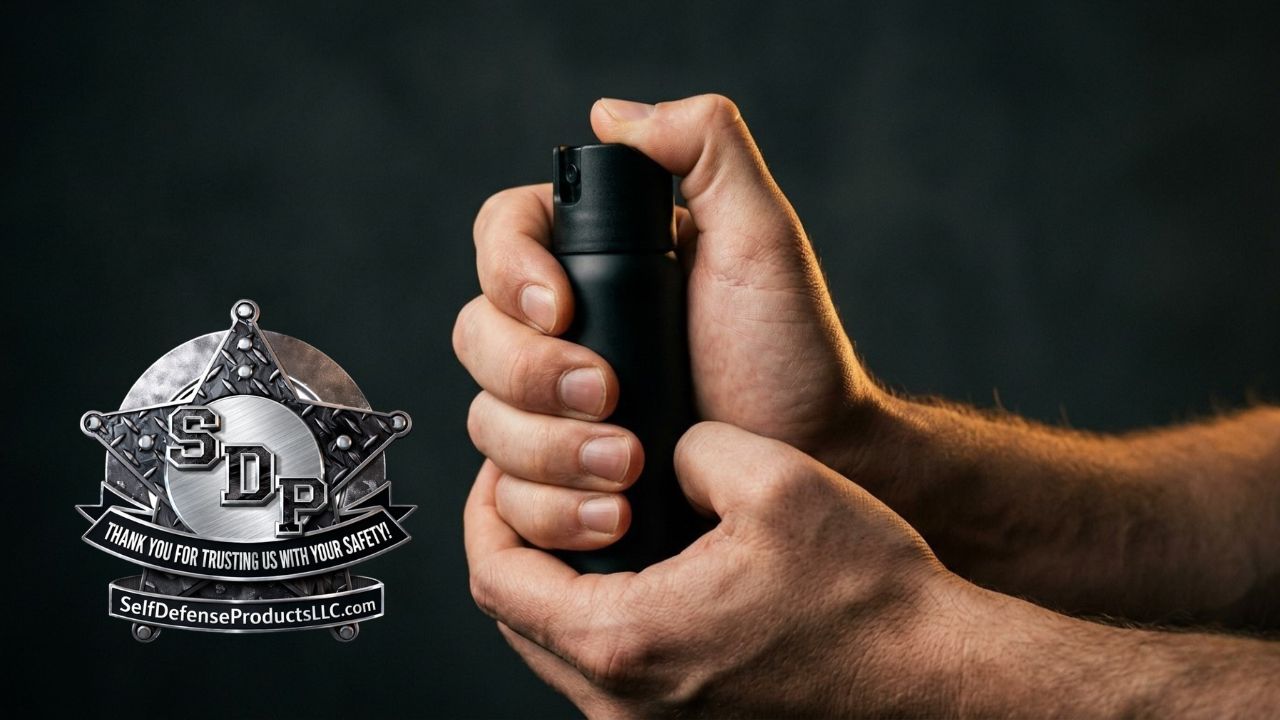 Firm one-hand pepper spray grip with thumb on actuator for self-defense