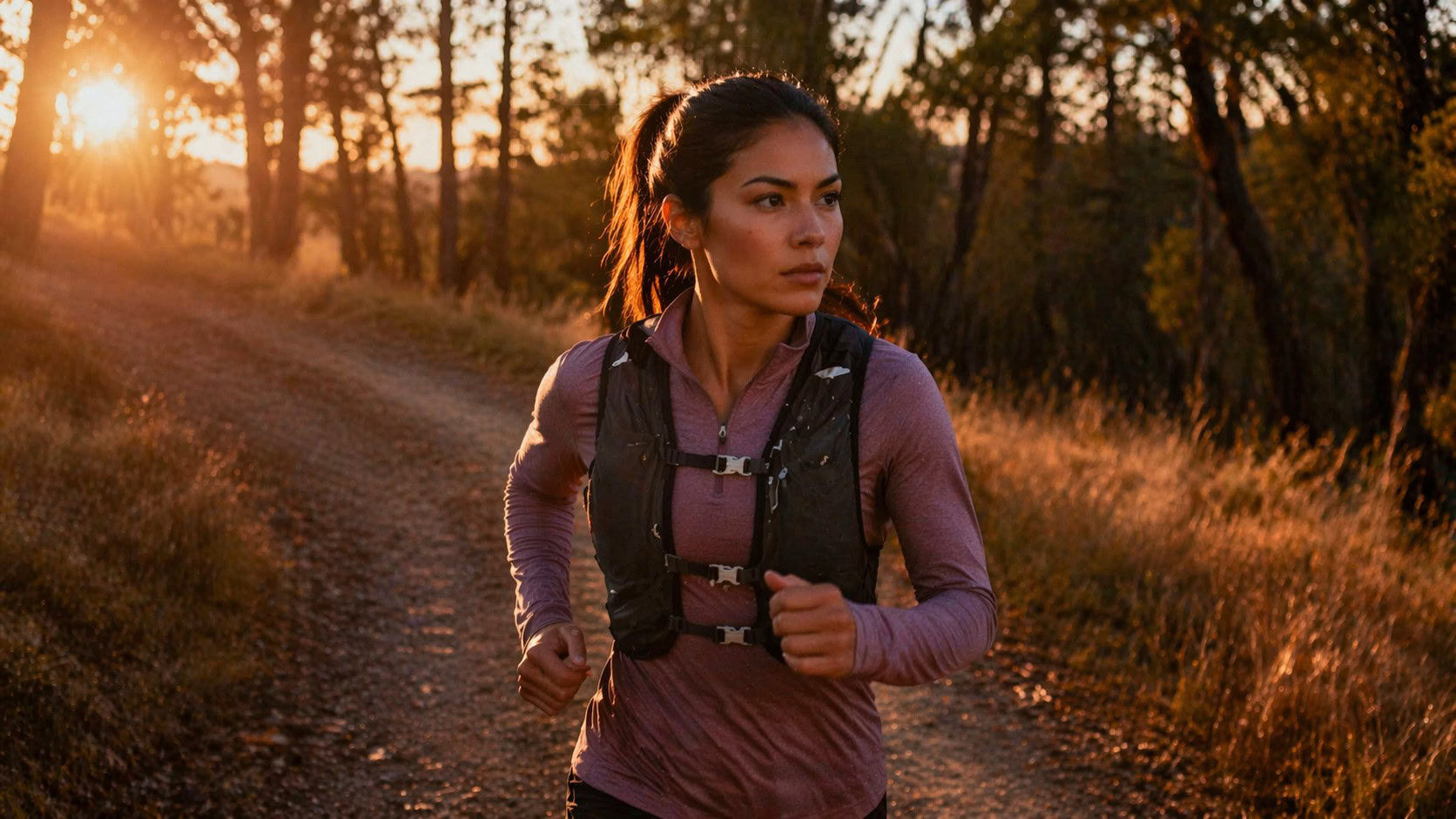 Woman running alone on trail wearing running vest at golden hour for pepper spray for runners guide