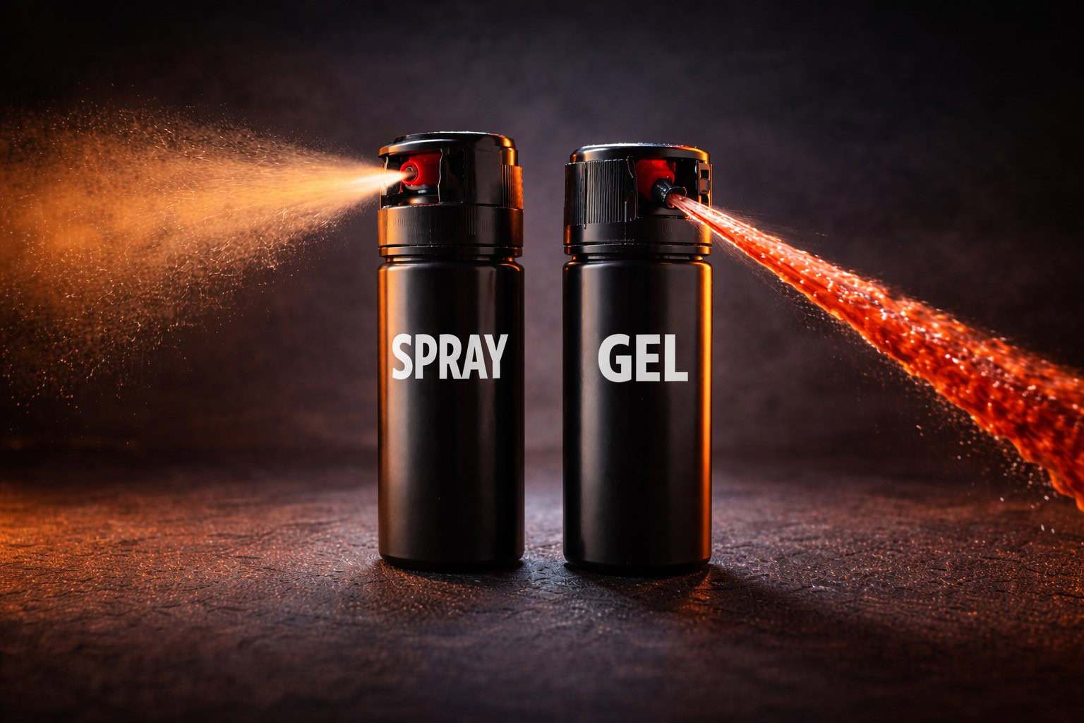 Pepper spray vs gel comparison showing wide mist dispersal versus focused sticky gel stream