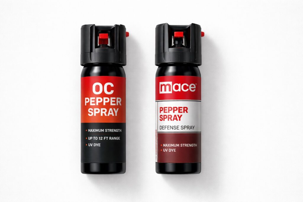 OC pepper spray canister next to Mace brand pepper spray — side by side comparison