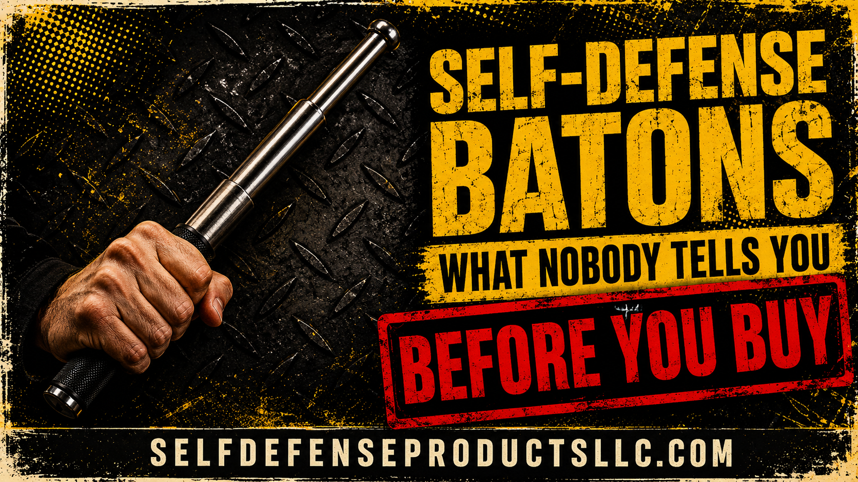 YouTube thumbnail showing an extended telescopic self-defense baton in hand with bold warning text in a black and yellow grunge industrial style.