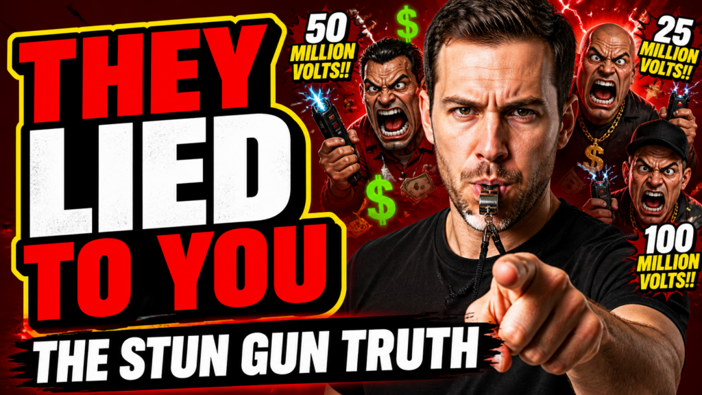A man blowing a whistle while exposing exaggerated stun gun voltage claims, with fake high-voltage numbers and bold text about the stun gun truth.