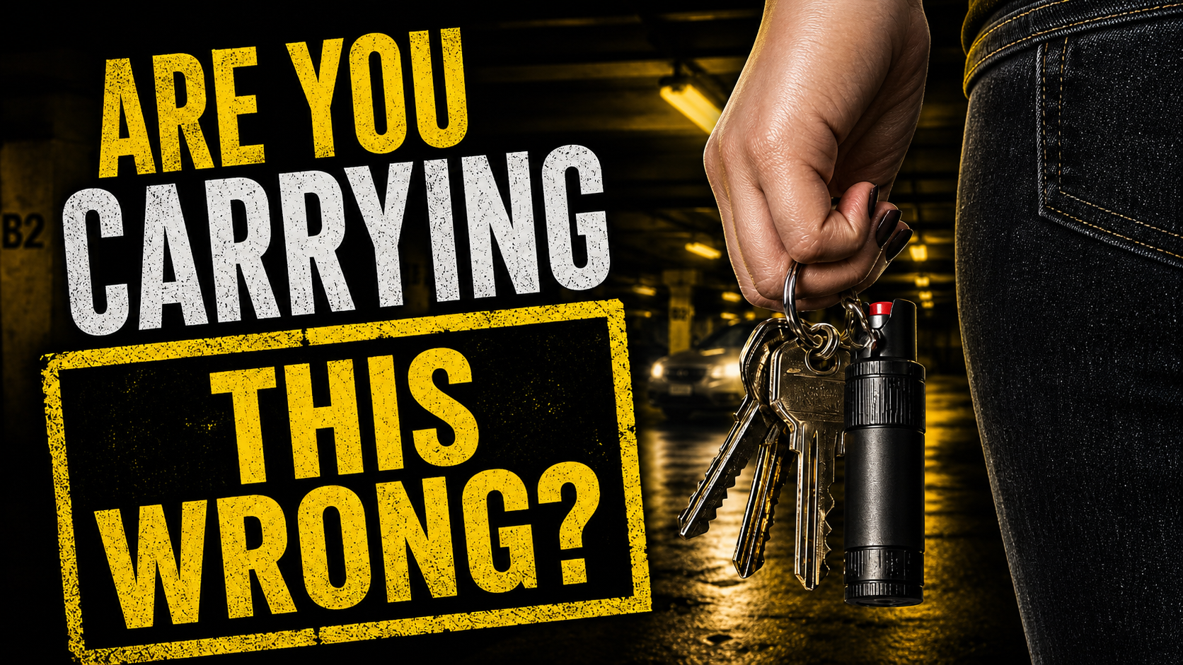 Woman holding pepper spray keychain in parking garage at night