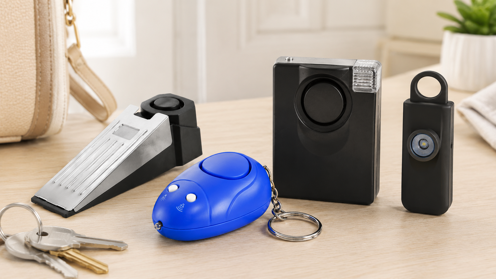 Best personal safety alarms including a door stop alarm, keychain alarm, panic alarm, and personal alarm light