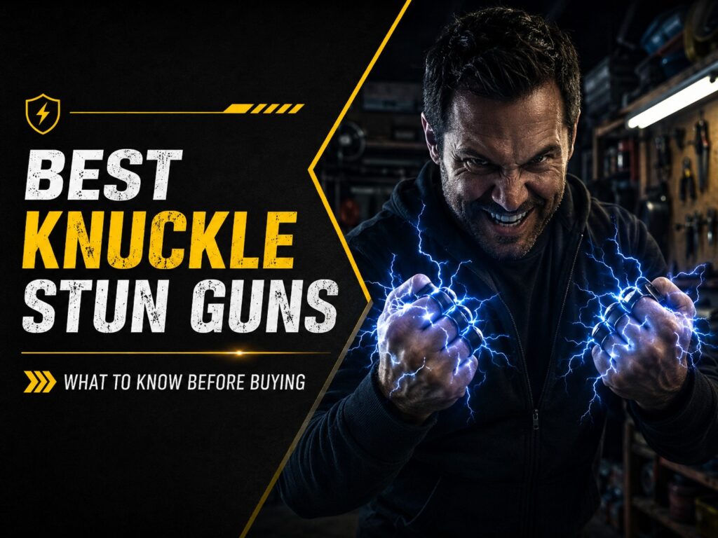 Best knuckle stun guns guide showing electric knuckles in a garage
